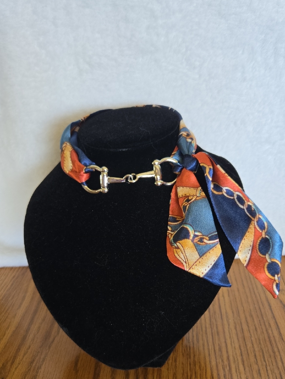 Horsebit Chain & Print Silk Scarf Choker